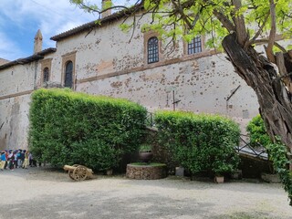 Lunghezza, Rome - April 15, 2025, detail of part of the courtyard of Lunghezza Castle, a medieval castle in the municipality of Rome.
