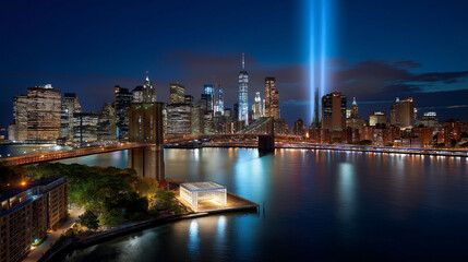 Obraz premium Aerial drone shot of New York skyline with memorial lights, space for text.