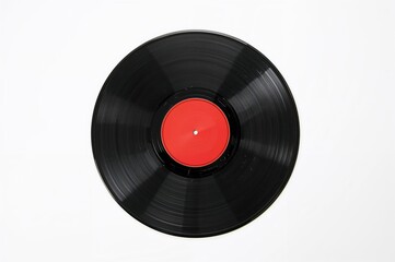 Vintage vinyl disc featuring a red empty center isolated on a white backdrop