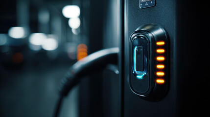 Electric vehicle charging station at night with illuminated LED indicators and charging cable
