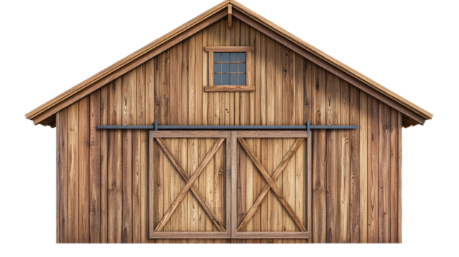 A wooden barn with sliding door on a white background - png