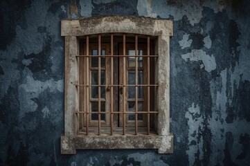 Fototapeta premium Vintage window of an ancient jail cell. Rustic city backdrop.