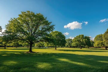 Naklejka premium On a bright day, the park features beautiful green trees and grass.
