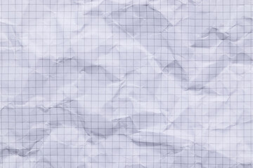 White abstract texture of crumpled checkered graph paper with black grid, empty backdrop for overlay