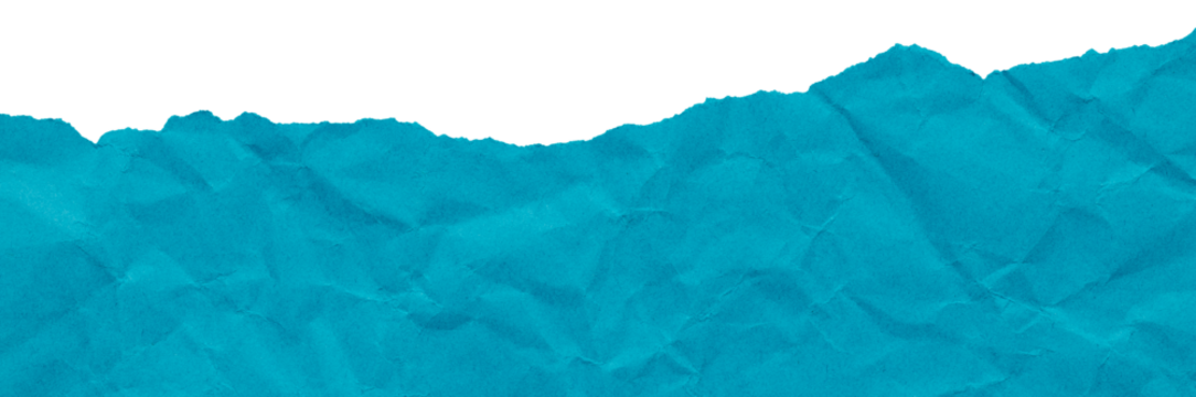 Torn edge of turquoise blue crumpled paper, isolated textured scrap for collage in bright colors