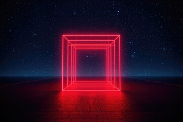 AI-generated image of a luminous volumetric cube on an urban street at night with red and blue neon hues, set against a star-filled sky.