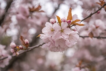 Early spring bloom of flowering trees with soft focus and ample space