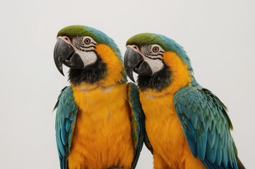 Bright macaw parrots displayed against a white background