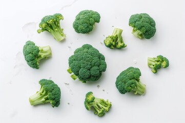 Multiple broccoli florets displayed on a plain white surface with room for text.
