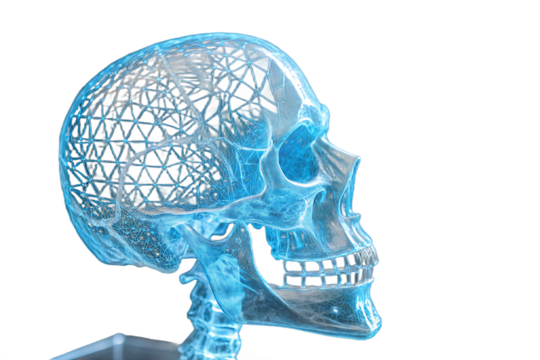 Glowing Blue 3D Wireframe Human Skull with On Transparent Background