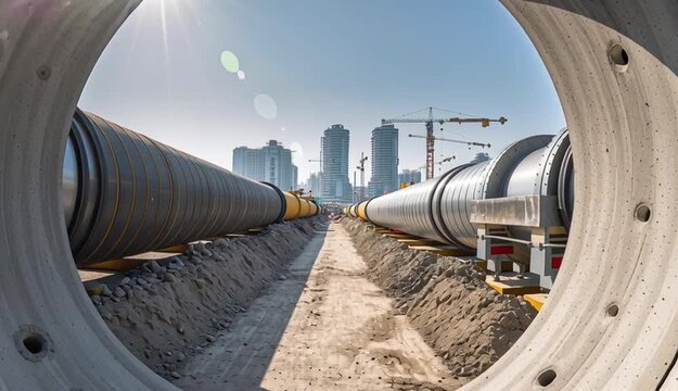 Modern water supply and sewerage system. Underground pipeline works. Water supply and wastewater disposal of a residential city. 

Close-up of underground utilities. View from the big pipe
