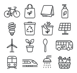 Eco-friendly icons: transportation, recycling, renewable energy, and sustainable living symbols