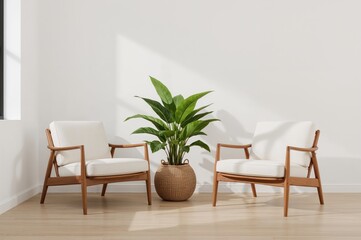 Cozy corner featuring stylish chairs and a vibrant Croton plant in a woven basket. Contemporary interior design.