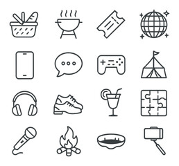 Icons of leisure and entertainment activities including barbecue and camping