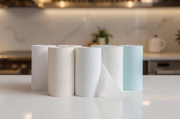 Paper towel rolls placed on a white kitchen surface