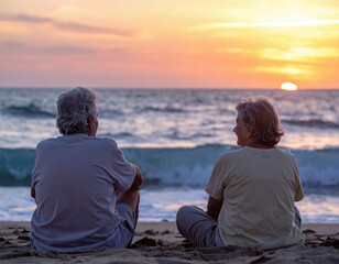 Senior couple sitting together on the beach, enjoying a peaceful sunset over the ocean waves.
