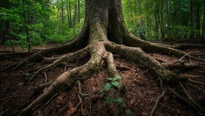 Tree roots intertwined in a dense forest