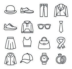 Collection of fashion icons: clothing and accessories line art
