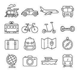 Transportation icons: train, car, airplane, bus, bicycle, scooter, luggage, map, camera, boat