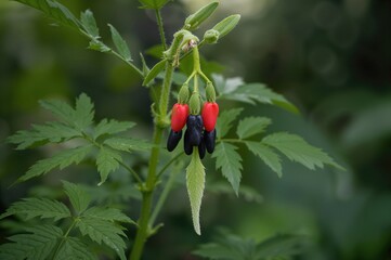 Fototapeta premium Close-Up of a Rosary Pea with Vibrant Red and Black Seeds