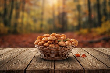 Freshly picked chanterelle mushrooms in a woven basket on a vintage wooden surface.