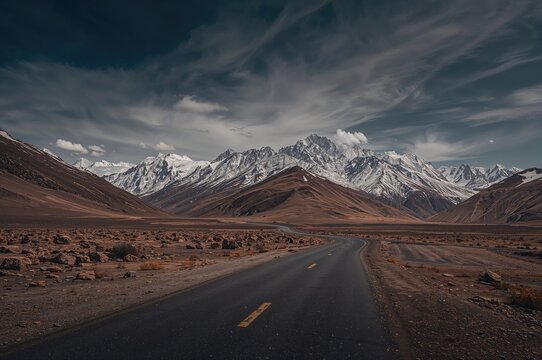 Scenic mountain highway with snowy peaks and clear skies