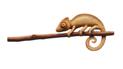 A wooden chameleon curled around a small stick on a white background  png