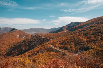 Winding trail through autumn forest and rugged mountain landscape in Eastern Europe