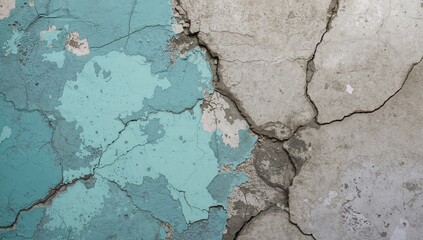 Obraz premium Aged concrete surface featuring cracks, holes, and stains with a net overlay. Cement texture backdrop in shades of turquoise, mint, and blue-green hues.