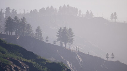 Fototapeta na wymiar Soft mist envelops rolling hills adorned with silhouettes of trees, creating an ethereal atmosphere at dawn. Natures tranquility captivates the senses, inviting reflection and peace.