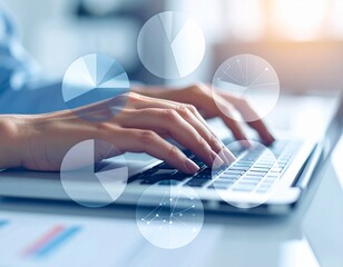 Female hands on laptop with economy pie chart overlay, professional finance theme.