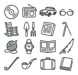 Vintage icons collection: radio, car, glasses, rocking chair, yarn, watch, fishing rod, newspaper