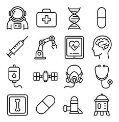 Set of 16 medical and technology icons including dna, syringe, and astronaut helmet