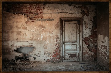 Dilapidated home with damaged plaster and exposed bricks featuring a door