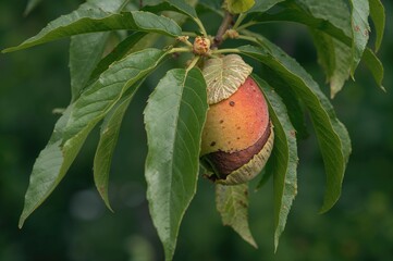 Obraz premium Fungal infection affecting peach trees caused by Taphrina deformans, showing leaf distortion.
