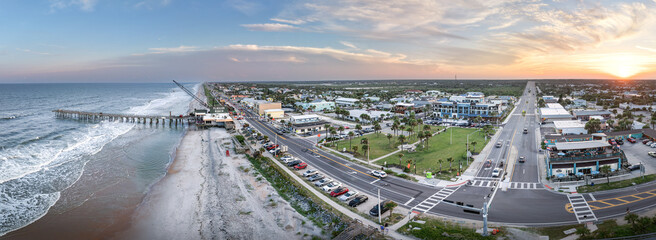 Aerial panoramic view of Flagler Beach at sunset. Florida, USA. September 16, 2025. 