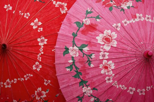 Detailed view of two colorful hand-decorated umbrellas featuring intricate flower patterns, highlighting skilled traditional artistry.