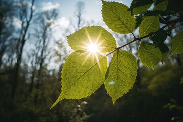 Morning sunlight shining on a vibrant green tree leaf against a clear sky.