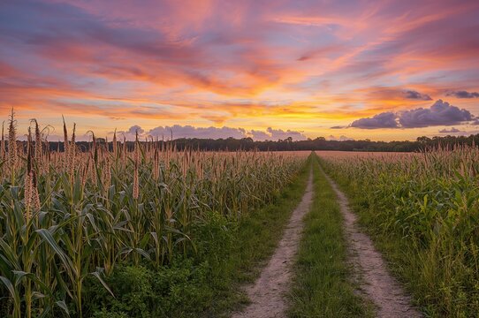 Summer dusk over a rural cornfield