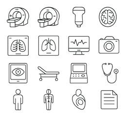 Medical equipment icons: mri, lungs, brain, stethoscope, heart monitor in minimal style