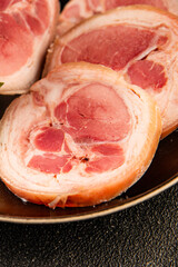 Ham hock with skin jambonneau cooked pork knuckle with rind tasty snack fresh delicious gourmet food background on the table rustic top view copy space