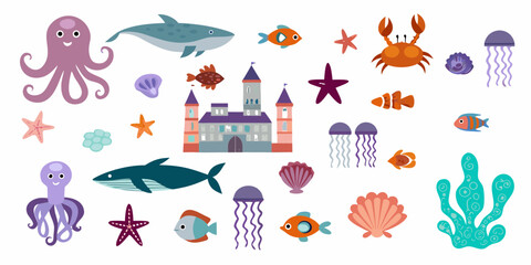 Whimsical underwater scene with cartoon sea creatures and a castle illustration