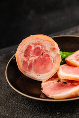 Ham hock with skin jambonneau cooked pork knuckle with rind tasty snack fresh delicious gourmet food background on the table rustic top view copy space