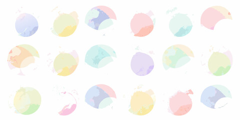 Collection of soft pastel watercolor circles and splashes on a white background