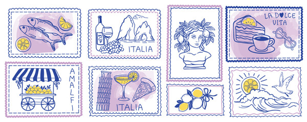 Collection of vintage Italian postage stamp illustrations with lemons, wine, pizza, architecture, Amalfi, sea waves, and La Dolce Vita theme in hand-drawn sketch style