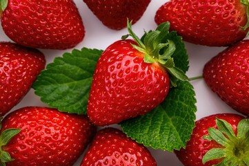 Delicious red strawberries seen from above with a leafy green backdrop