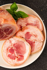 Ham hock with skin jambonneau cooked pork knuckle with rind tasty snack fresh delicious gourmet food background on the table rustic top view copy space