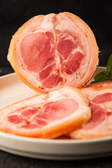 Ham hock with skin jambonneau cooked pork knuckle with rind tasty snack fresh delicious gourmet food background on the table rustic top view copy space