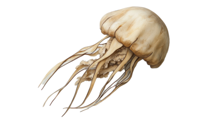 A wooden jellyfish with thin dangling tentacles on a white background  png