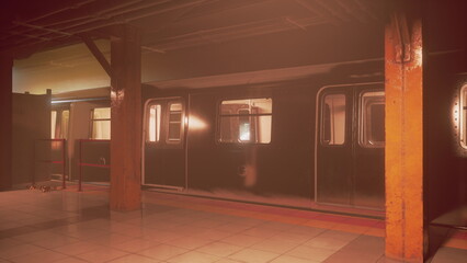At a quiet subway station, a train rests in stillness beneath the glow of soft lights. The wooden beams and tiled floor add character to the tranquil scene of early morning transit.